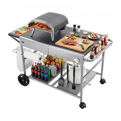 VEVOR Grillwagen 925x595x25 mm, Rollbarer Grilltisch mit 4 Gewürzbehältern, Rädern, Deckeln & Haken für Küche & Garten, FZDKHWBCTCFZBZL1Z001V0
