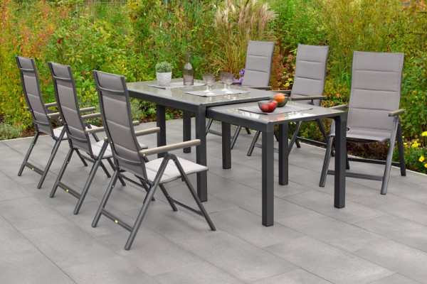 Merxx Trivero Set 7-teilig, 6 Klappsessel, mit Polywood-Armlehne, 1 Flex Ausziehtisch, 160/320 x 78/75 cm, graphit/diamantbraun, 50575-217