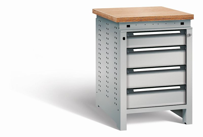 Otto Kind Werkbank Serie function Typ 107, Multiplexplatte, bündig, 4 Schubladen, mit Zentralverschluss, komplett RAL 9006, 072324196