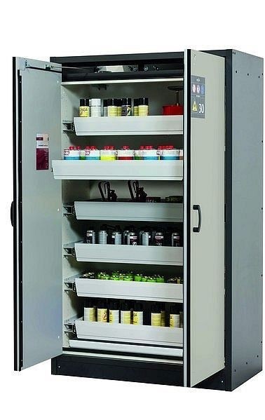 asecos Sicherheitsschrank Q-CLASSIC-30, Q30.195.116 in lichtgrau RAL 7035 mit 6x Auszugswanne Standard (Stahlblech), 31003-061-30017