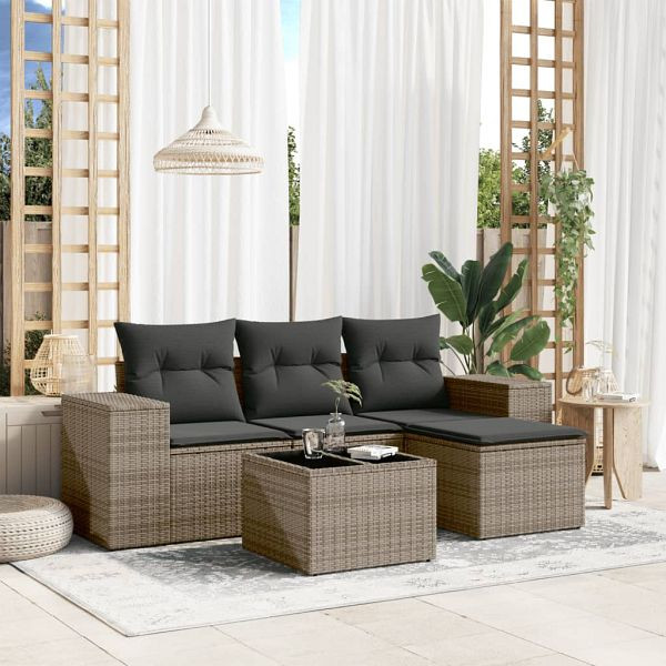 vidaXL 5-teilig Garten-Sofagarnitur mit Kissen Grau Poly Rattan, 3222479