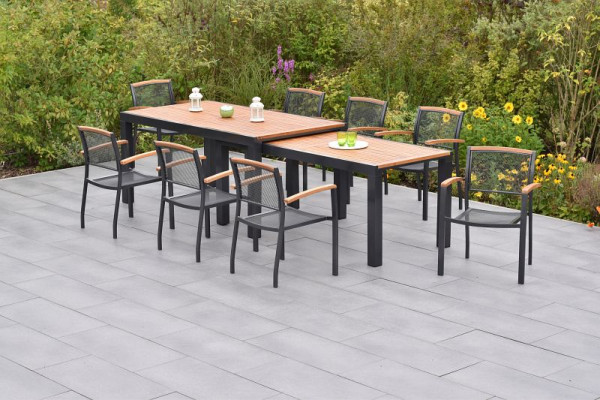 Merxx Tilos Set 9-teilig, 8 Tilos Stapelsessel, 1 Flex Ausziehtisch 180 / 180 x 100/83 x 80/74 cm, Tischplatte aus Akazienholz, 50795-217
