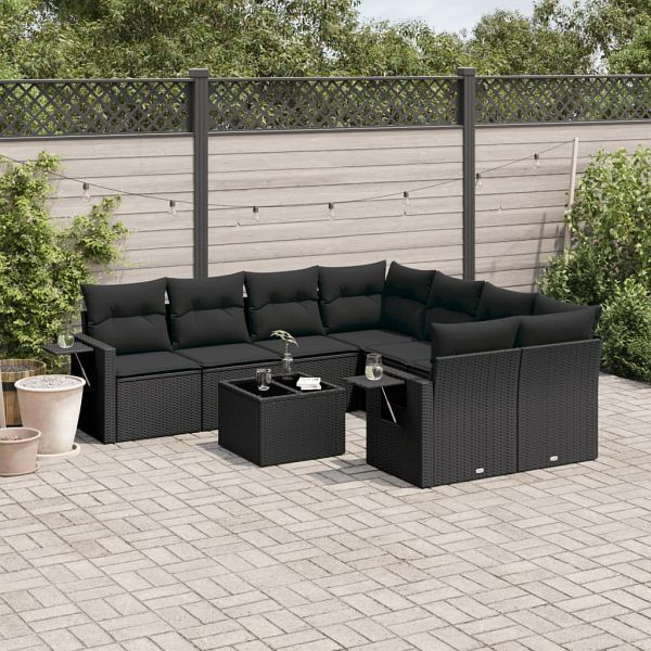 vidaXL 9-teilig Garten-Sofagarnitur mit Kissen Schwarz Poly Rattan, 3252292