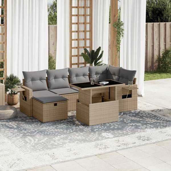 vidaXL 7-tlg. Garten-Sofagarnitur mit Kissen Beige Poly Rattan, UV-beständig, 3274979