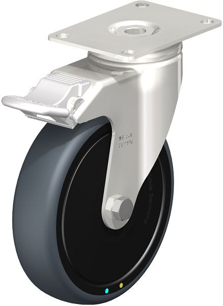 Blickle LKPXA-TPA 126KD-26-FI-ELS-FK Edelstahl-Apparate-Lenkrolle mit Anschraubplatte & Feststeller, Thermoplastisches Gummi-Elastomer, Grau, 853230