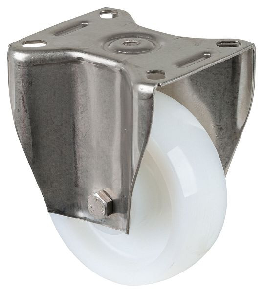 BS Rollen Edelstahl-Schwerlastrolle Bockrolle, Edelstahl, Kunststoffrad, Gleitlager, Anschraubplatte, Durchmesser 100 mm, HS110.A90.100
