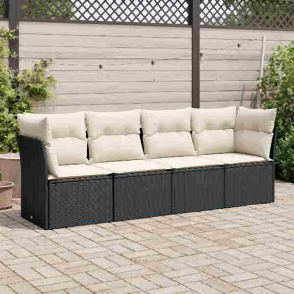 vidaXL 4-tlg. Garten-Sofagarnitur mit Kissen Schwarz Poly Rattan, UV-beständig, 3249065