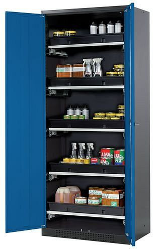 asecos Chemikalienschrank Systema-T CS-85, Korpus anthrazit, Flügeltüren blau, 5 Tablarauszüge, 208968