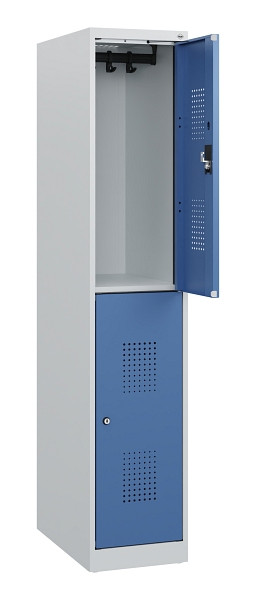 C+P Doppelstöckiger Spind Evolo PLUS, 2 Fächer, 1530x300x500mm, 7035/5023, Zylinderschloss, 0493005-10 S10033