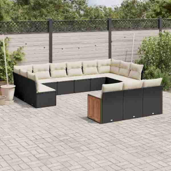vidaXL 13-tlg. Garten-Sofagarnitur mit Kissen Schwarz Poly Rattan, UV-beständig, 3260537