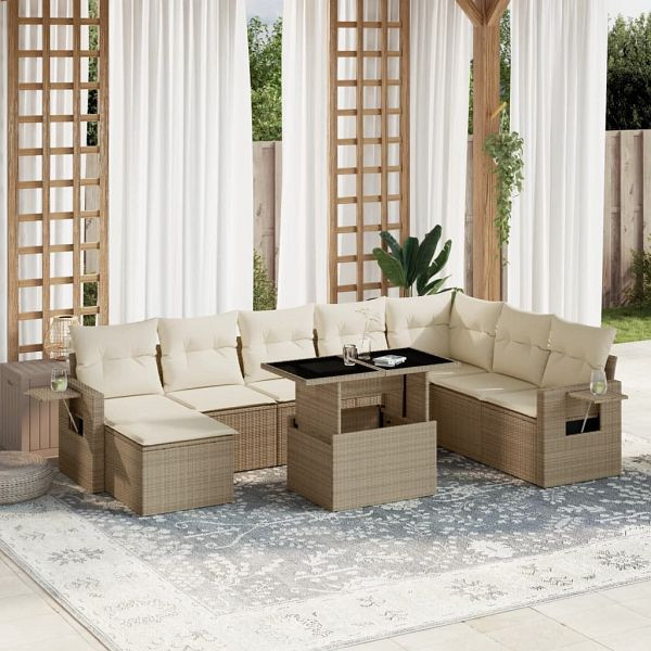 vidaXL 9-teilig Garten-Sofagarnitur mit Kissen Beige Poly Rattan, 3268098