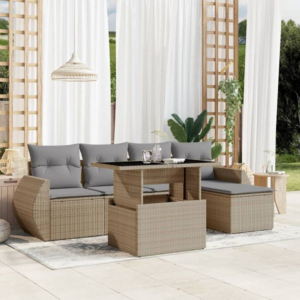 vidaXL 6-tlg. Garten-Sofagarnitur mit Kissen Beige Poly Rattan, 3268499