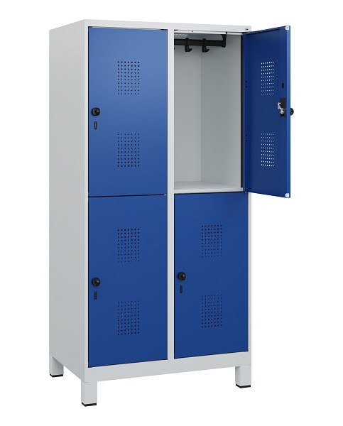 C+P Doppelstöckiger Spind Evolo PLUS, Füße, 4 Fächer, 1630x800x500mm, 7035/5010, Drehriegel, 0493105-22 S10006