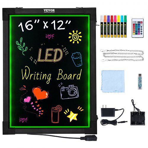 VEVOR LED-Nachrichtentafel, 16x12 Zoll, beleuchtete Kreidetafel mit 8 fluoreszierenden Markern & Fernbedienung, für Zuhause/Hochzeit, LEDSXLYB12X1WY9O1V2