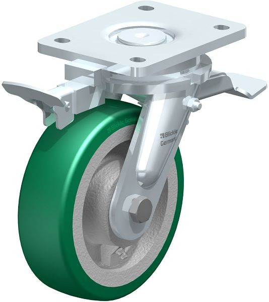 Blickle LO-GST 160K-ST-RI4 Stahlgeschweißte Schwerlast-Lenkrolle mit Feststeller, Blickle Softhane®, Grün, 852407