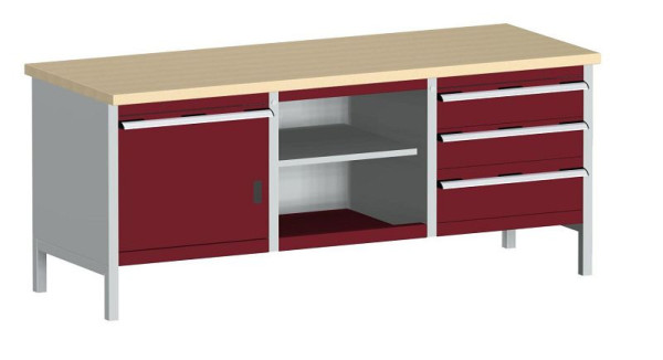 bott cubio Kastenwerkbank mit 4 Schubladen Türe, 2 Ablagen, Multiplex-Arbeitsplatte BxTxH: 2000 x 750 x 840 mm, RAL 7035/3004, 41002058.24V