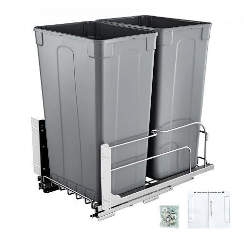 VEVOR ausziehbarer Abfallbehälter 50 Qt x2, doppelter Unterbau-Mülleimer mit Türsatz & Soft-Close-Schieberegler, grau, CFLJTDTHSST11E7W2V0