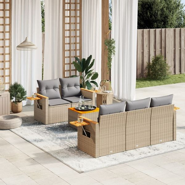 vidaXL 6-teilig Garten-Sofagarnitur mit Kissen Beige Poly Rattan, 3226626