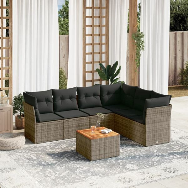 vidaXL 7-teilig Garten-Sofagarnitur mit Kissen Grau Poly Rattan, 3255990