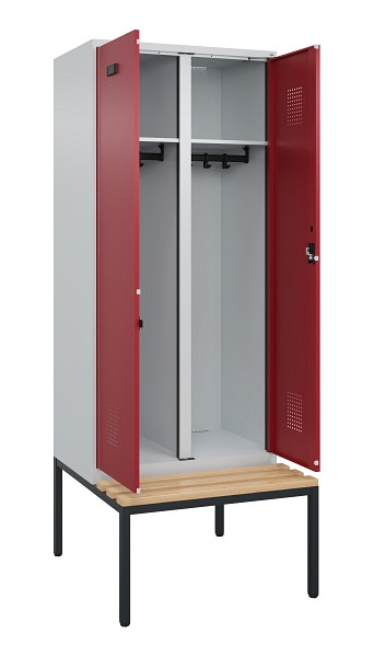 C+P Schwarz-Weiß-Spind Evolo PLUS, Bank, 2 Abteile, 2120x800x815mm, 7035/3003, Zylinderschloss, Sitzfläche Buche-Hartholz, Sitzbank, 0490527-22 S10031