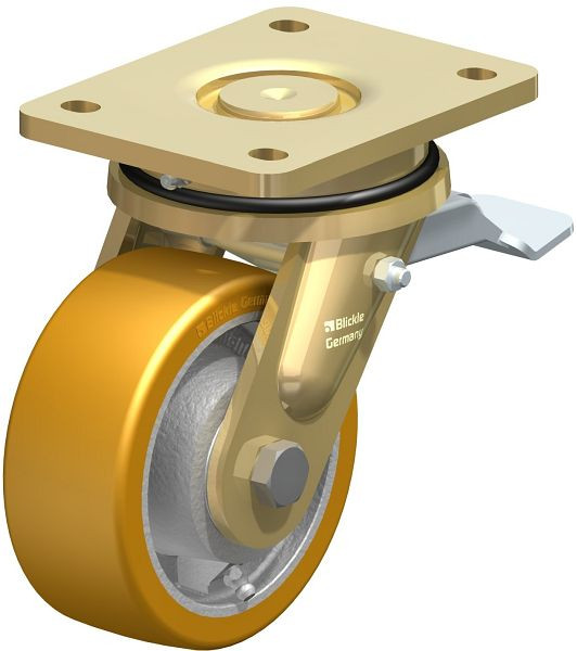Blickle LS-GTH 127K-ST Stahlgeschweißte Schwerlast-Lenkrolle, schwere Drehkranz-Ausführung mit Feststeller, Blickle Extrathane®, Hellbraun, 316984