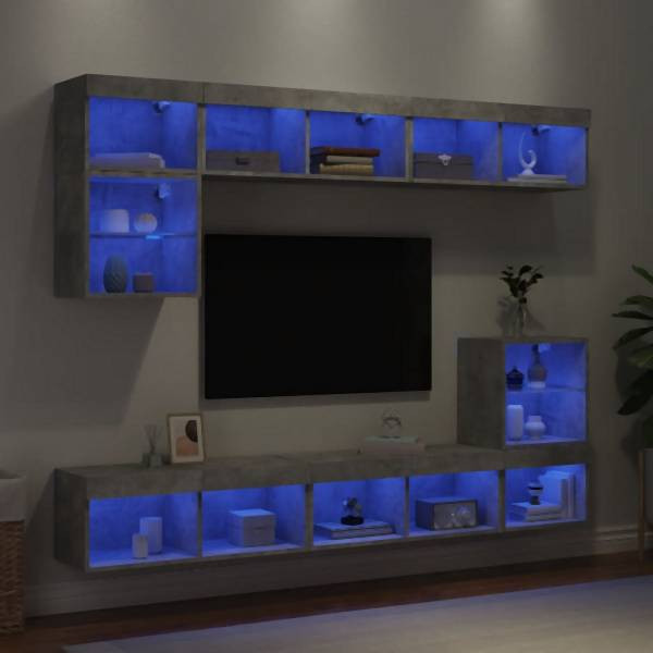 vidaXL 8-tlg. Wohnwand mit LED-Beleuchtung Betongrau Holzwerkstoff, 3216671
