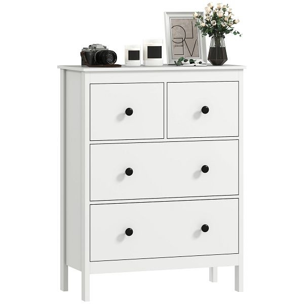 HOMCOM Kommode mit 4 Schubladen, für Kleidung & Bettwäsche, Wohnzimmer, Schlafzimmer, Flur, Spanplatte, Weiß, 83D-054V90WT