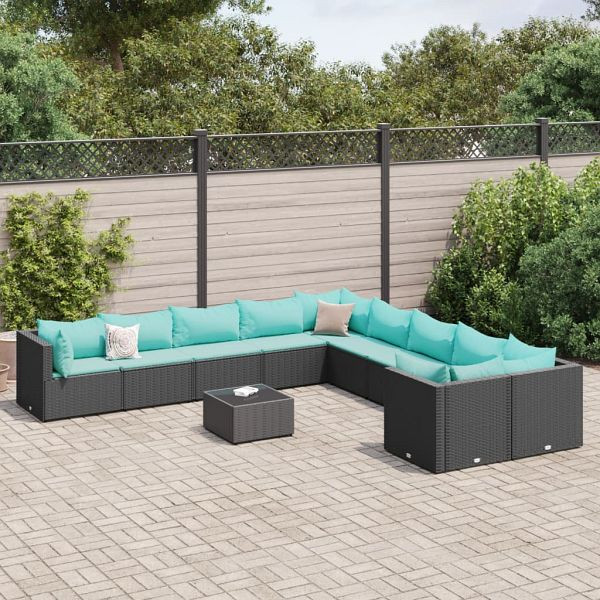 vidaXL 11-teilig Garten-Sofagarnitur mit Kissen Schwarz Poly Rattan, 3308356