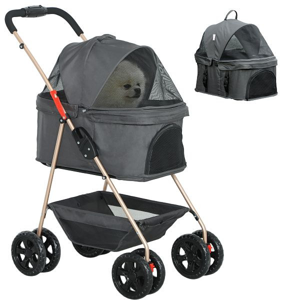 PawHut 3-in-1-Haustierkinderwagen, zusammenklappbarer Hundewagen mit 4 Rädern und abnehmbarer Trage, D00-208V00GY