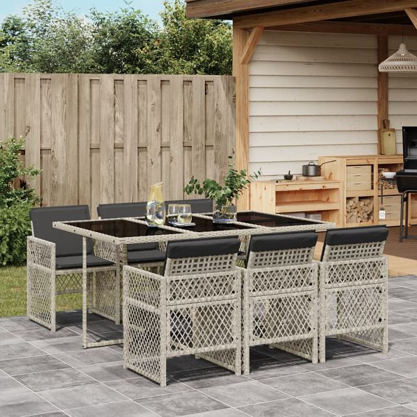 vidaXL 7-teilig Garten-Essgruppe mit Kissen Hellgrau Poly Rattan, 3210731