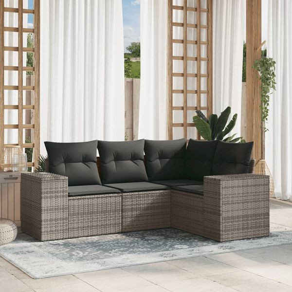 vidaXL 4-teilig Garten-Sofagarnitur mit Kissen Grau Poly Rattan, 3254847
