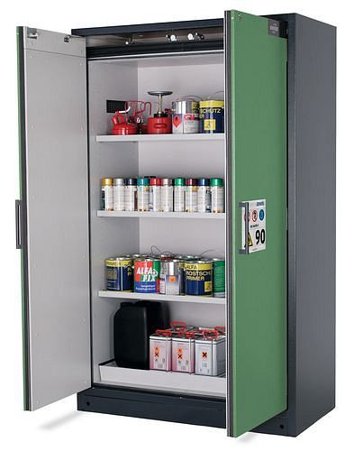 asecos Feuerbeständiger Gefahrstoffschrank Select W-123, 3 Einlegeböden, Türen grün, 200992