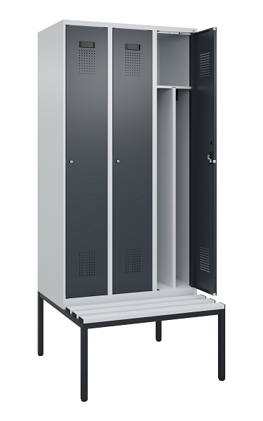 C+P Spind Evolo PLUS, 3 Abteile, 2120x900x815mm, 7035/7016, Haken 4, Zylinderschloss, Sitzfläche Kunststoff, Sitzbank, 0490507-30F S10093