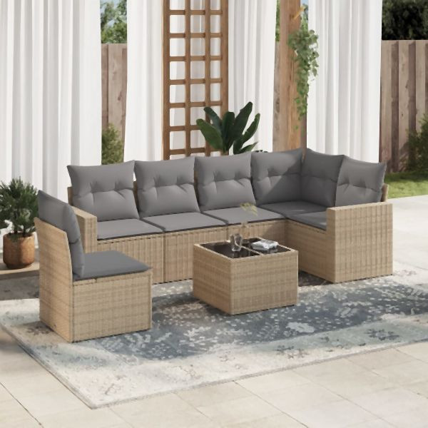vidaXL 7-tlg. Garten-Sofagarnitur mit Kissen Beige Poly Rattan, 3251376