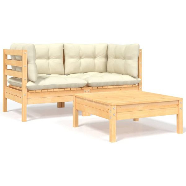 vidaXL 3-teilig Garten-Lounge-Set mit Kissen in Creme Massivholz Kiefer, 806676