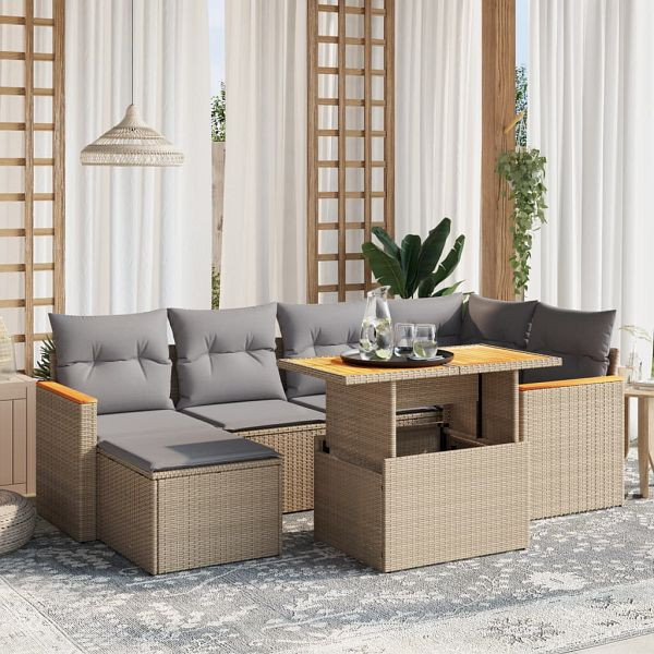 vidaXL 7-teilig Garten-Sofagarnitur mit Kissen Beige Poly Rattan, 3273180