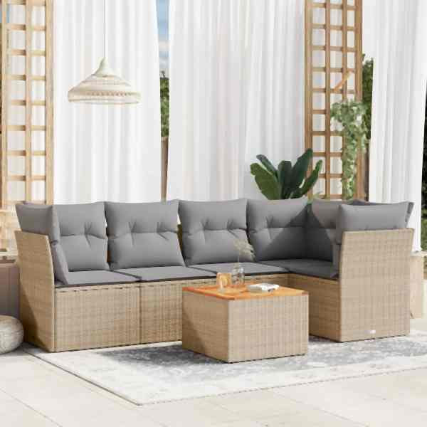 vidaXL 6-tlg. Garten-Sofagarnitur mit Kissen Beige Poly Rattan, UV-beständig, 3223630