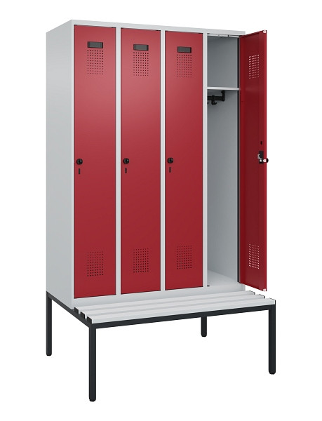 C+P Spind Evolo PLUS, 4 Abteile, 2120x1200x815mm, 7035/3003, Haken 3, Drehriegel, Sitzfläche Kunststoff, Sitzbank, 0490507-40 S10058