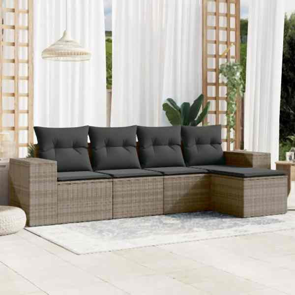 vidaXL 5-tlg. Garten-Sofagarnitur mit Kissen Grau Poly Rattan, UV-beständig, 3222489