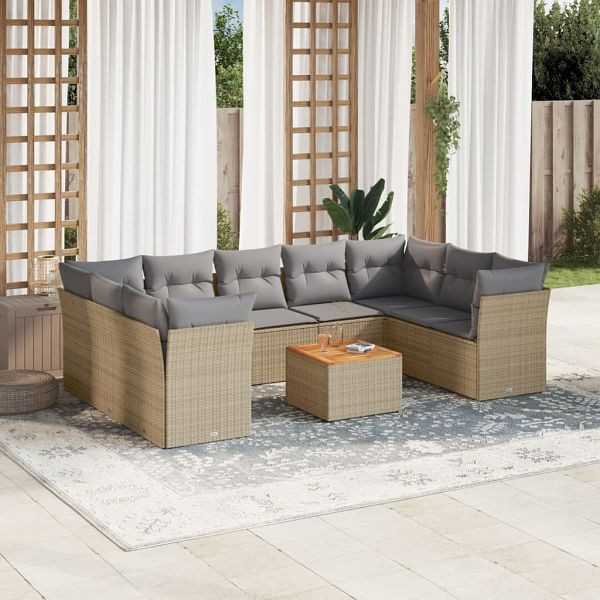 vidaXL 10-teilig Garten-Sofagarnitur mit Kissen Beige Poly Rattan, 3223805