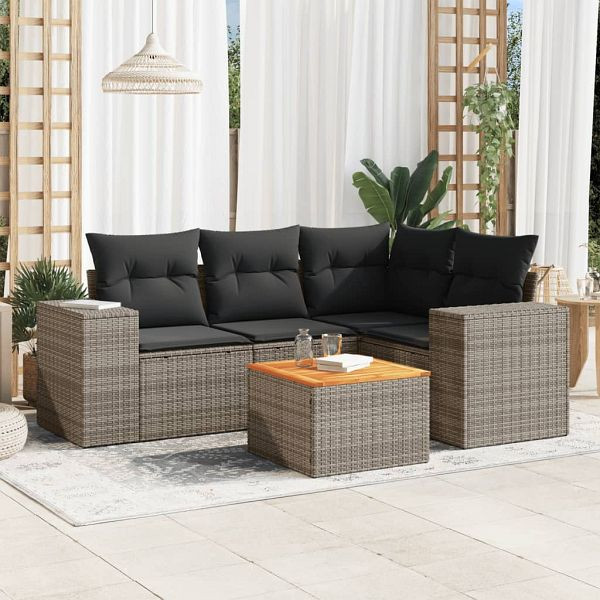 vidaXL 5-teilig Garten-Sofagarnitur mit Kissen Grau Poly Rattan, 3257761