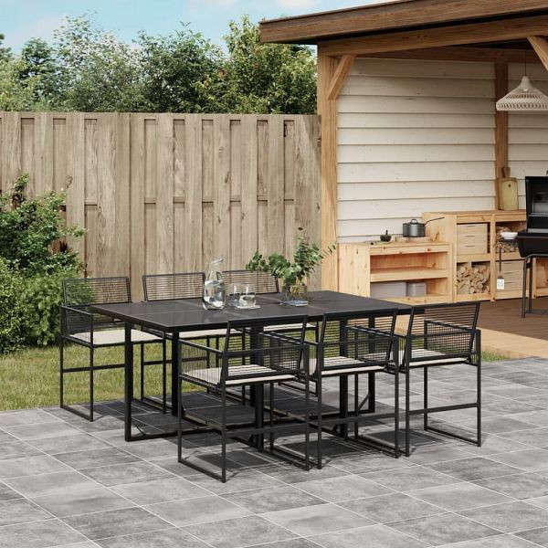 vidaXL 7-teilig Garten-Essgruppe mit Kissen Schwarz Poly Rattan, 3295024