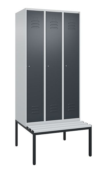 C+P Umkleidespind Classic PLUS, mit untergebauter Sitzbank, 3 Abteile, 2120x900x815mm, 7035/7016, Zylinderschlösser, 0800507-30 S10022