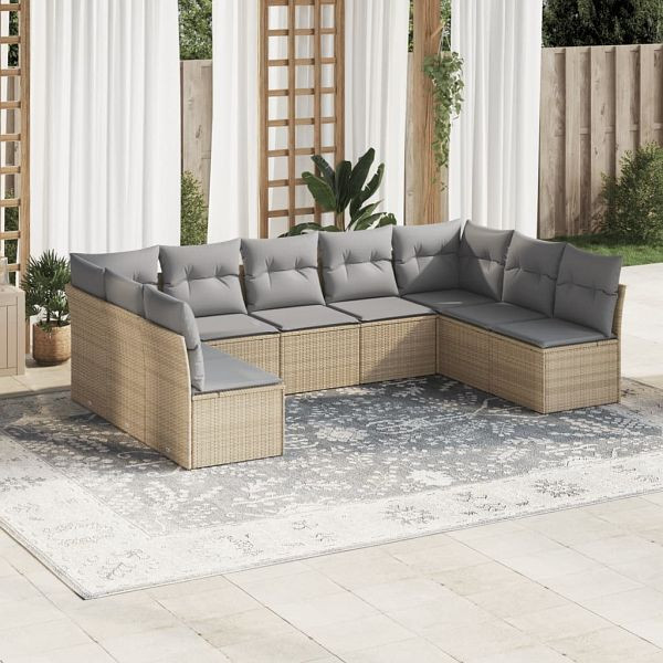 vidaXL 9-teilig Garten-Sofagarnitur mit Kissen Beige Poly Rattan, 3218069