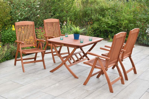 Merxx Maracaibo Set 5-teilig, 4 Maracaibo Klappsessel, 5-fach verstellbar, 1 Klappausziehtisch, 110 (160) x 90 cm, FSC Eukalyptusholz, 50034-011