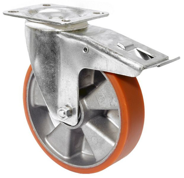 BS Rollen Transportrolle mit Feststeller, Breite 38 mm, Ø125 mm, bis 300 kg, Lauffläche Guss-Polyurethan, Körper Aluminium, Kugellager, LB520.B90.125