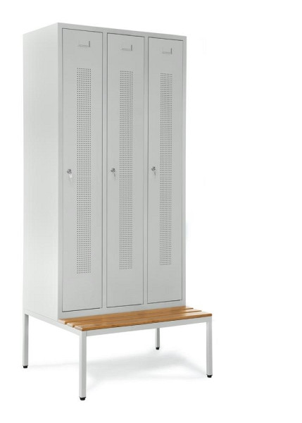 Deskin Garderobenspind SYSTEM SP1 mit Sitzbank, Korpus und Türen Lichtgrau RAL 7035, H 2050 x B 870 x T 800 mm, Zylinderschloss, 330771