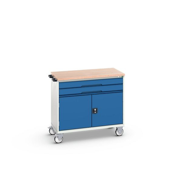 bott verso mobiler Schubladenschrank, mit 2 Schubaden, Tür und Multiplex-Top, BxTxH: 1050 x 600 x 980 mm, Lichtgrau / Enzianblau, 16927060.11