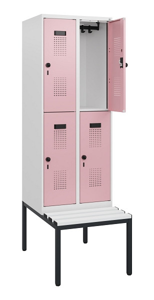 C+P Doppelstöckiger Spind Evolo PLUS, Bank, 4 Fächer, 1950x600x815mm, 9016/3015, Drehriegel, Sitzfläche Kunststoff, Sitzbank, 0493505-20 S10116