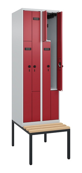 C+P Z-Spind Evolo PLUS, Bank, 4 Fächer, 2120x600x815mm, 7035/3003, Drehriegel, Sitzfläche Buche-Hartholz, Sitzbank, 0490537-204 S10010